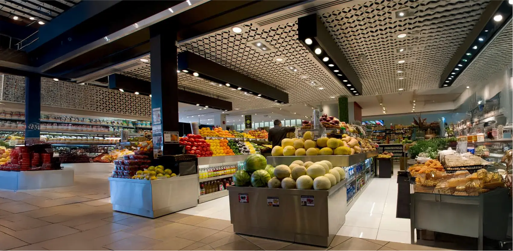 Góndolas de punta para supermercados con exhibición de frutas, verduras y productos frescos